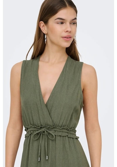 Only Kadın Onlgoa Kruvaze Yaka Beli Lastikli Keten Maxi Elbise 15363694 Haki