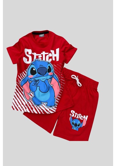 Turuncu Gardrop 3-10 Yaş Stitch Maskeli Şortlu Çocuk Takım Kırmızı Kırmızı