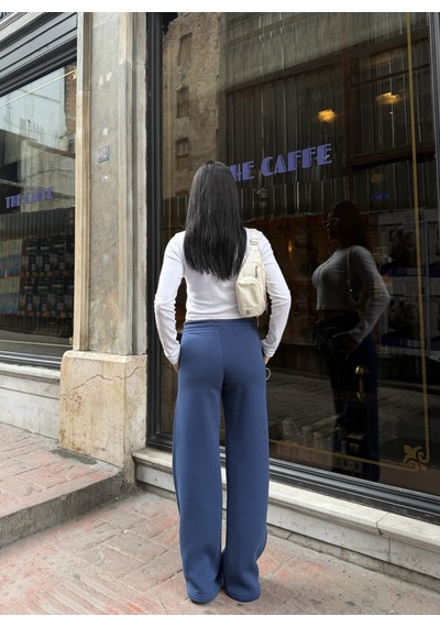 Out Of Standart Kadın Wide-leg Kalıp Beli Lastikli Kordon Detaylı Eşofman Altı İndigo
