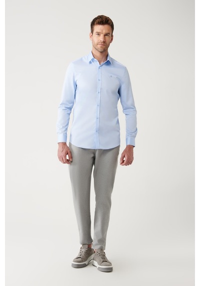 Avva Erkek Mavi Gömlek Klasik Yaka %100 Pamuk Saten Slim Fit Dar Kesim  B002006 Mavi