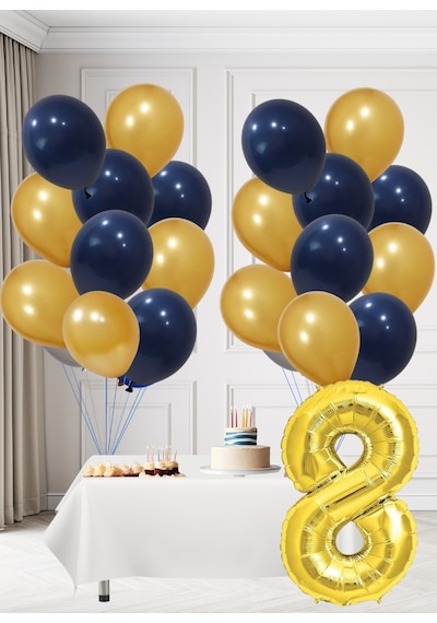 8 Yaş Sarı Lacivert Taraftar Temalı Doğum Günü Seti Altın Kozmik Lacivert Balonlar Altın Folyo Rakam Altın