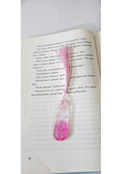 Pembe Çiçek Desenli Kitap Ayracı, Kurutulmuş Çiçek Detaylı, Şeffaf Reçine Kaplama