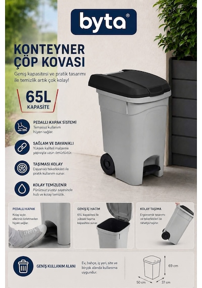 65 Litre Pedallı Tekerlekli Konteyner Büyük Boy Çöp Kovası Gri/kırmızı Kapaklı Ev, Ofis, Site Ve Bahçe Kullanımı Gri