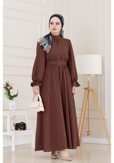Sevitli Kolu Volanlı Kemerli Henna Elbise-kahverengi-5054 Kahverengi
