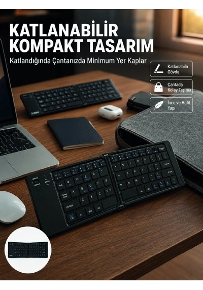 Hubrendy Tekno Kablosuz Katlanabilir Bluetooth Klavye Telefon Tablet Bilgisayar Uyumlu