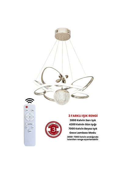 Modern 3 Renk Kumandalı Krom Büyük Boy Salon Avize Toplu Led Avize Çok Renkli