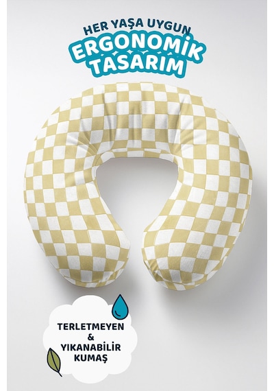 Kare Desenli Ergonomik Boyun Yastığı - Modern Sarı Beyaz Yumuşak Seyahat Yastığı Koyu Taş Bej