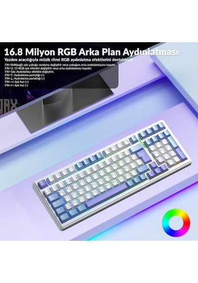 Aula F99 Mekanik Rgb Graywood V4 Switch 3 Modlu Kablosuz Makrolu Hot Swap Türkçe Q Klavye Mavi