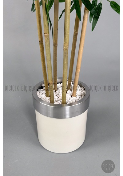 Yapay Bambu Ağacı 170cm Krem Silver Metal Saksıda Krem-silver