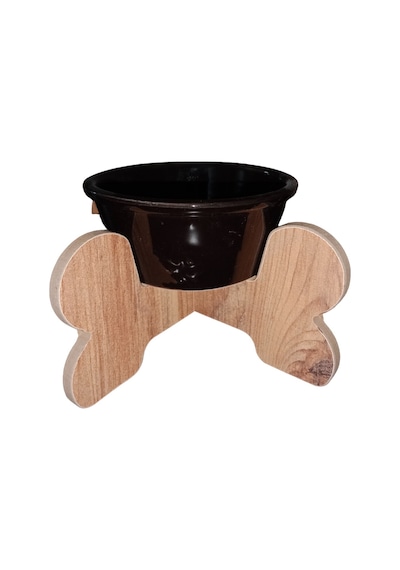 Seramik Kaseli Ahşap Ayaklı Tekli Kedi-köpek Mama/su Stantı-400 Ml.