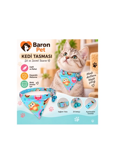 Fularlı Kedi Tasması Turkuaz Baykuş Desenli Çift Zilli Ayarlanabilir Bandana Kedi Boyun Tasması