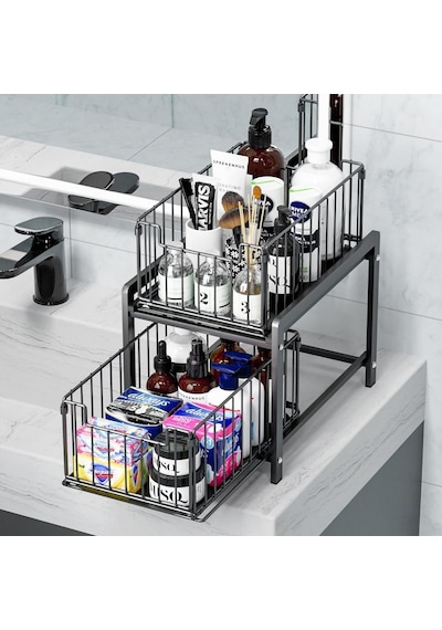 Çok Amaçlı 2 Raflı Raylı Sepet Düzenleyici Banyo Mutfak Lavabo Altı Dolap İçi Tezgah Üstü Organizer Siyah