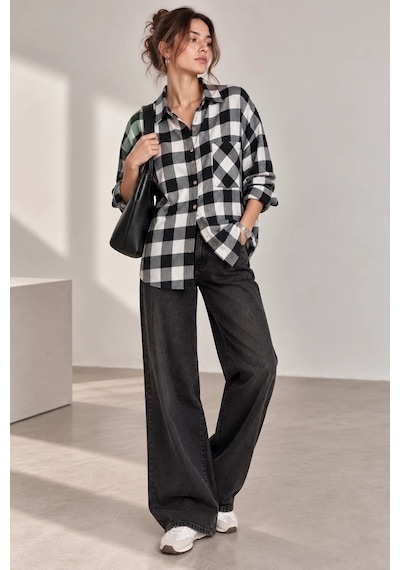 Bb Butik Basic Kadın Ekose Gömlek Oversize Oduncu Gömlek Uzun Kollu Cepli Günlük Tr0935 siyah