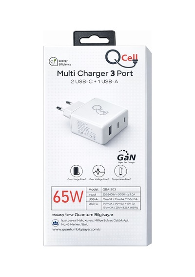 Qcell Super Fast Charger 3 Port 65 Watt Gan Beyaz Adaptör Süper Hızlı Şarj