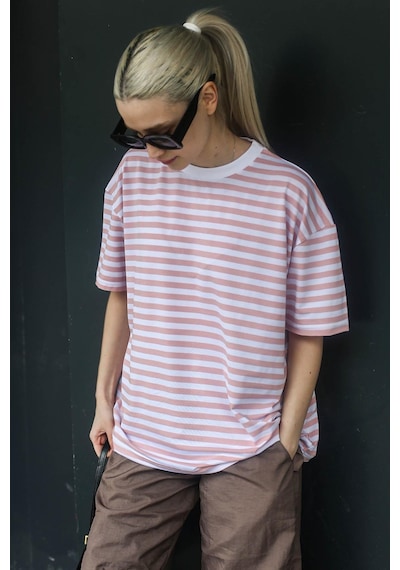 Madmext Pembe Çizgili Bisiklet Yaka Tişört Mg1656-pembe Pembe