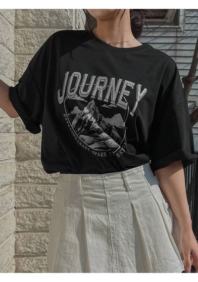 Journey Süprem T-shirt - Siyah Baskılı Oversize Bisiklet Yaka Tişört Siyah
