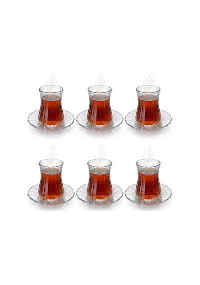 12 Parça Çay Seti - 6 Adet Fitil Desenli Cam Çay Bardağı Ve 6 Adet Cam Çay Tabağı - Isıya Dayanıklı Çay Tak Diğer