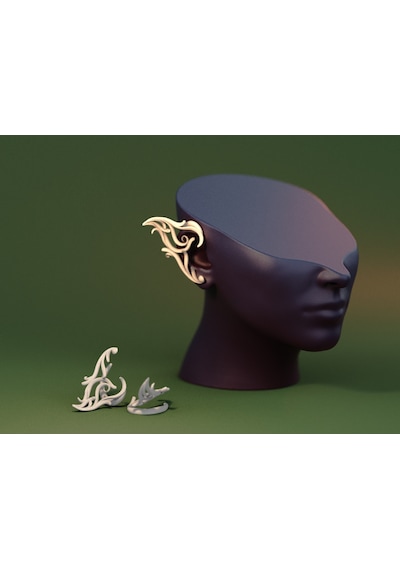 Fantastik Elf Kulağı Görünümlü Bej Renkli Sarmal Tasarım Hafif Earcuff Küpe Bej