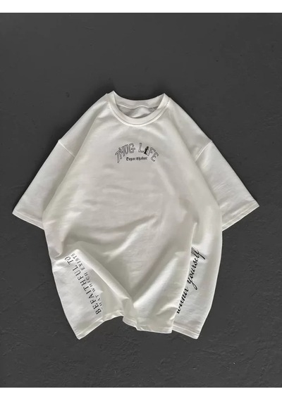 Modi Unisex Baskılı Oversize T-shirt - Beyaz - Mymg98301