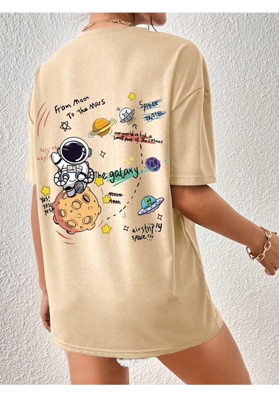 Unisex Galaksi Tasarım Basklı Tshirt Bej