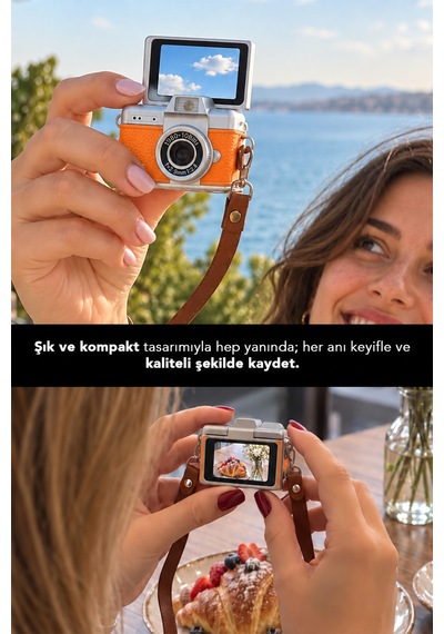Mimtec Blm-110 Mini Retro Dijital Kamera - Flaşlı Katlanabilir Ekran 1080p Hd Video Selfie Vlog Kamerası Turuncu