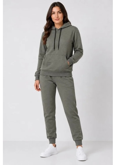 DefyModa İki İplik Kapüşonlu Kanguru Cepli Jogger Alt Üst Eşofman Takımı - Haki