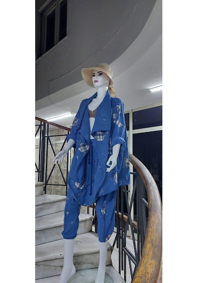 Boho Şalvar Pantolon Asimetrik Ceket Takım Mavi