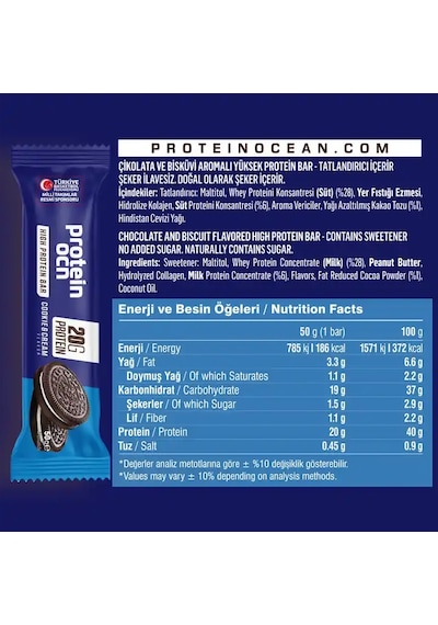 Proteinocean Kakaolu Bisküvi Ve Krema Aromalı Yüksek Protein Bar 50 G 2 Adet