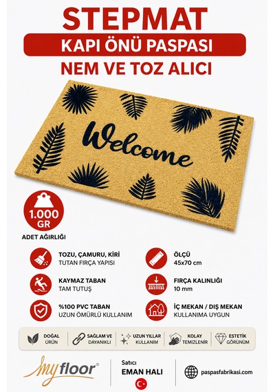 Stepmat Nem Ve Toz Alıcı Velür Coco Kapı Önü Paspası Welcome Kahverengi