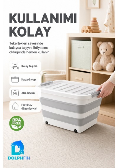 30 L Katlanabilir Kapaklı Saklama Organizeri Mutfak Kiler Dolap İçi Düzenleyici Kutu Beyaz - Gri