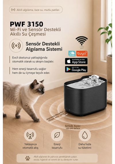 Pwf 3150 Petmate Flowsense Pro - Wi-fi Ve Sensörlü Akıllı Otomatik Kedi Köpek Su Çeşmesi 2,5 L Paslanmaz Çelik - Bpa İçermez - Siyah