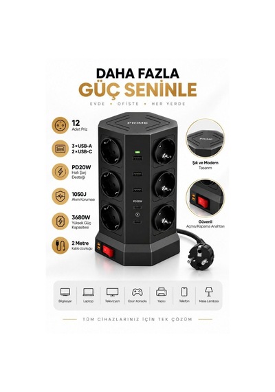12 Li Priz Çoklu Akım Korumalı Uzatma Kulesi 3 Usb-a 2 Usb-c Pd20w 3680w 2 Metre 0 - 2 M