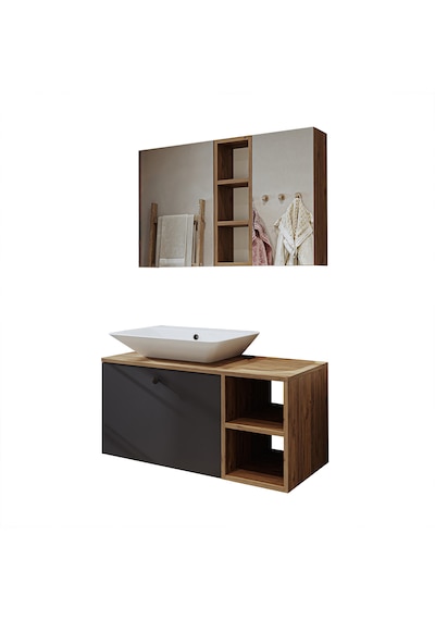 Lotus Lavabolu Mdf 95 Cm Çekmeceli Banyo Dolabı + Aynalı Dolap Atlantik Çam - Beyaz