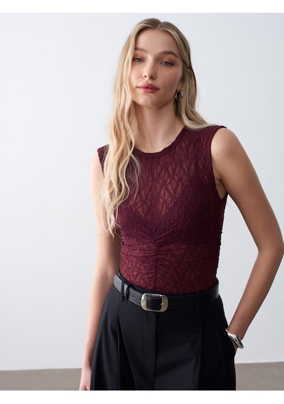 Dilvin 32492 Büzgülü Dantel Top-bordo