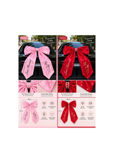 Kişiye Özel İsimli İncili Dev Saten Fiyonk Gelin Arabası Süsleme Seti 80 145 Cm Pembe - 920169866 Pembe - 920169866