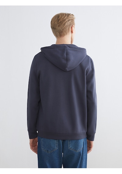 Lcwaıkıkı Classic İndigo Kapüşonlu Uzun Kollu Erkek Fermuarlı Sweatshirt