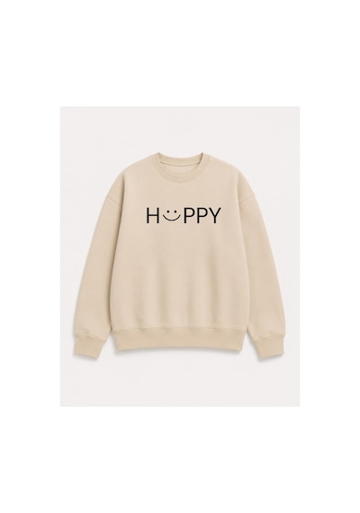 Herkesemoda Hüppy Baskı Detaylı Şardonlu 2 İplik Bisiklet Yaka Sweatshirt Bej