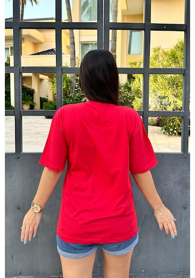 Kırmızı Renk Best Baskı Ayıcık Desenli Unisex Oversize T-shirt Kırmızı