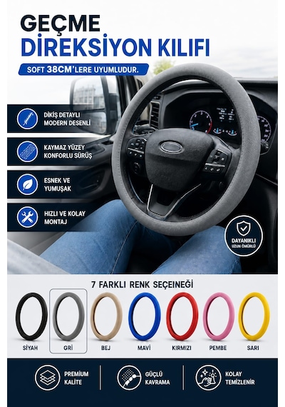 Direksiyon Kılıfı Geçme 38cm Soft Gri Dkg001g Fermeq