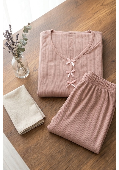 Aura Collections Kadın Bambu Viskon Transfer Ribana Kısa Kollu Düğmeli Pijama Takımı Kahverengi