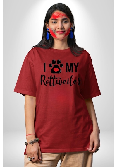 Köpek Sevgisi Rottweiler Pamuklu Bisiklet Yaka Unisex Oversize Boyfriend Dijital Baskılı Kırmızı T-shirt Kırmızı