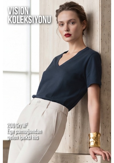 Goffra Kadın Vision V Yaka Premium Kalite Yoğun Dokulu Pamuklu T-shirt Lacivert W102-r0220-08
