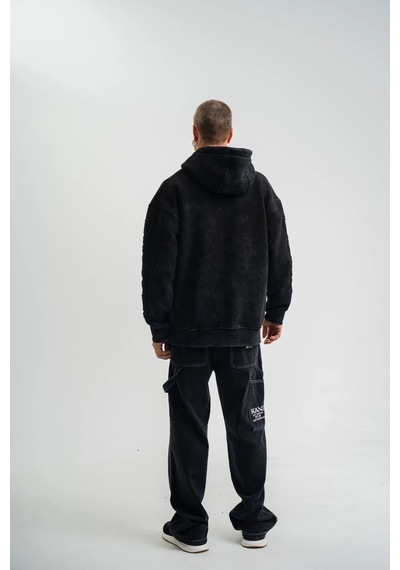 Luz&pos Erkek Uzun Kol Kapşonlu Yıkamalı Nakışlı Sweatshirt - Siyah Siyah