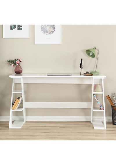 Lungo Raflı Çalışma Masası, Ofis Masası, 60x140 Cm, Parlak Beyaz Çok Renkli
