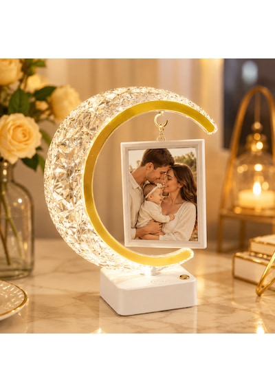 Kişiye Özel Fotoğraflı Kristal Hilal Led Masa Lambası Altın