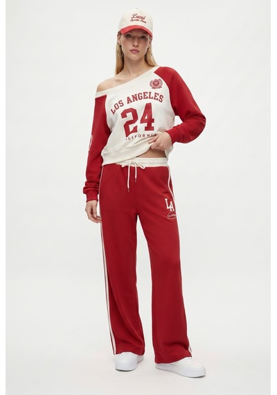 Ritnice Kadın Stone Kayık Yaka Sweatshirt Şeritli Alt Eşofman Kırmızı Alt Üst Takım