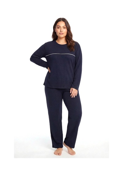 Najmaddin.com Beru Kadın Büyük Beden Lacivert Uzun Kollu Pijama Takımı Şerit Detaylı Rahat Ev Giyim Seti