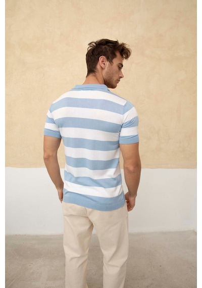 Tarz Cool Renk Bloklu Polo Yaka Triko T-shirt Mavi