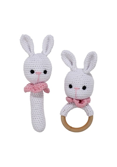 Bebegen Amigurumi Sevimli Beyaz Pembe Tavşan Diş Kaşıyıcı Çıngıraklı Organik Oyuncak 2'li Set Çok Renkli