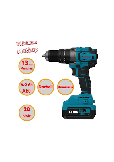 Catpower 4235 Akülü Kömürsüz Li-ion 20 V 4.0 Ah Batarya Avuç Taşlama Kırıcı Delici Darbeli Vidalama